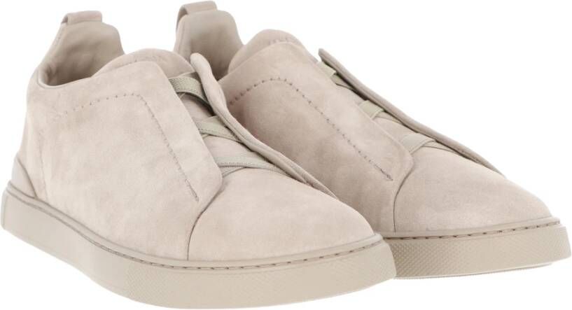 Ermenegildo Zegna Suède Lage Sneaker Elastiek Kruis Beige Heren