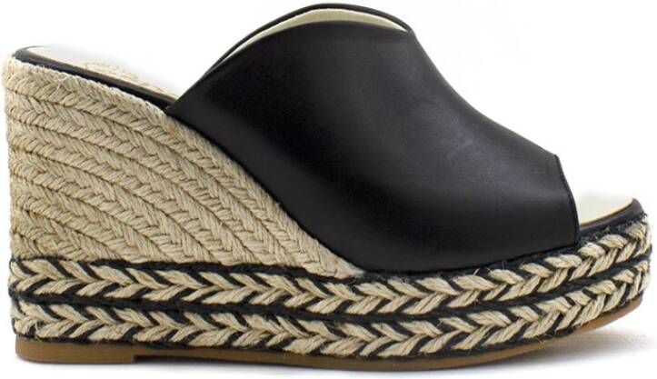 Espadrilles Zwarte Leren Peep Toe Black Dames