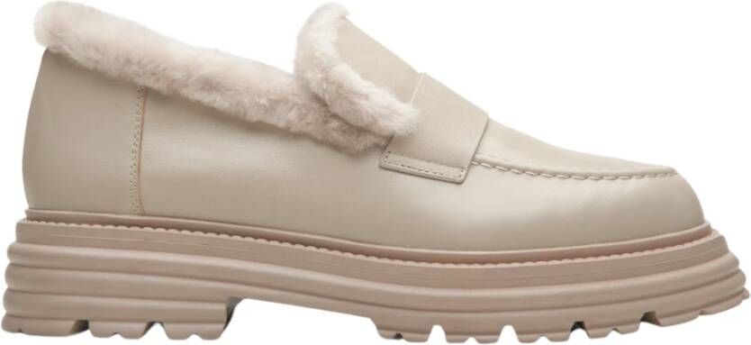 Estro Dames Beige Bontgevoerde Loafers gemaakt van Echt Leer voor Winter Er00114214 Beige Dames