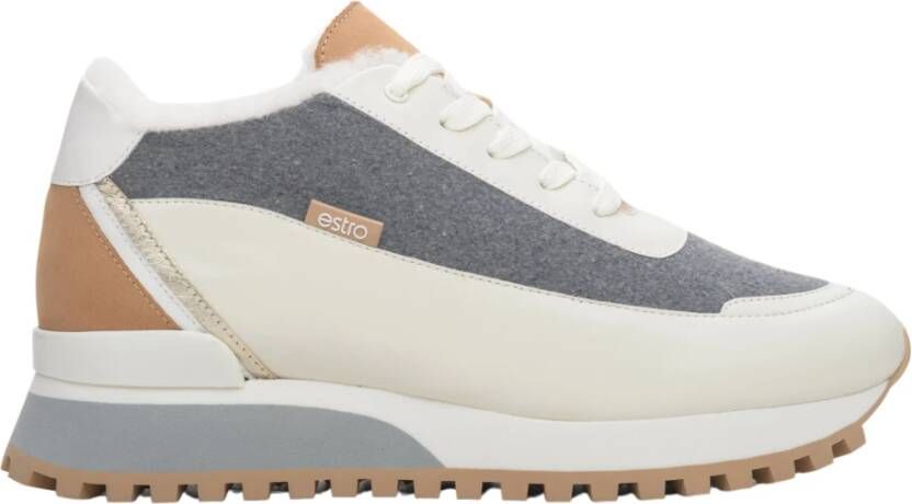 Estro Dames Beige & Grijs Leren Lage Sneakers met Bont voor de Winter Er00114142 Multicolor Dames