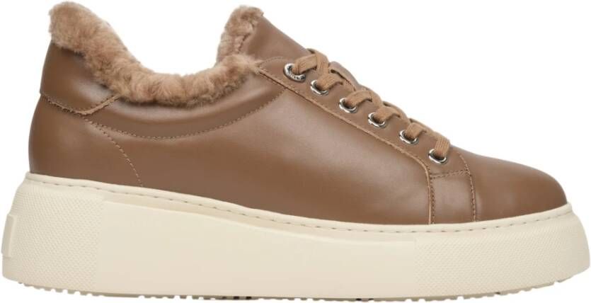 Estro Dames Bruin Leren & Bont Lage Sneakers voor de Winter Er00112116 Brown Dames