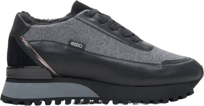 Estro Dames Zwarte & Grijze Leren Lage Sneakers met Bont voor de Winter Er00114141 Multicolor Dames