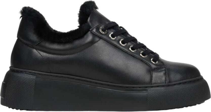 Estro Dames Zwarte Leren & Bont Lage Sneakers voor de Winter Er00112115 Black Dames