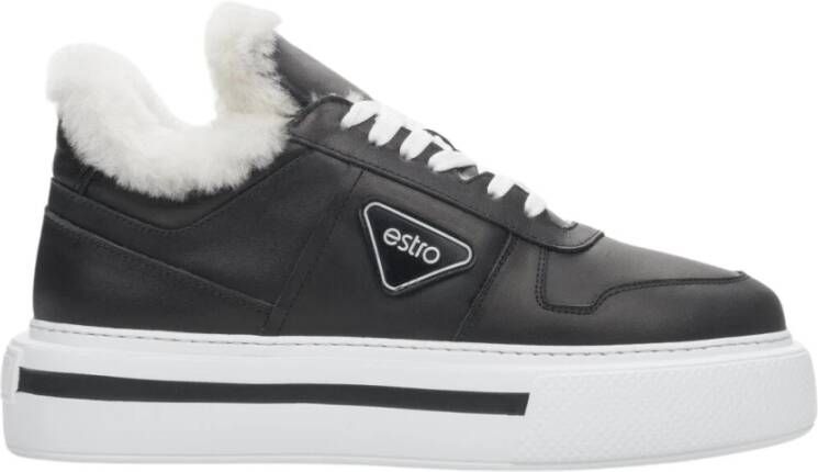 Estro Dames Zwarte Leren Lage Sneakers met Bontvoering voor de Winter Er00111980 Black Dames