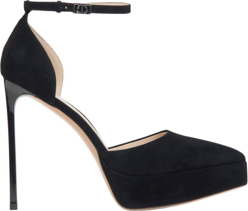 Estro Dames Zwarte Velours Plateau Pumps met Enkelband Black Dames