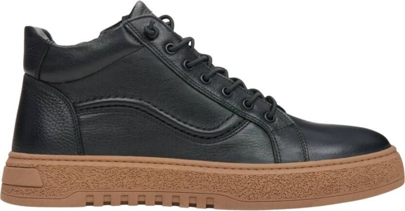 Estro Heren High-Top Zwarte Sneakers gemaakt van Echt Italiaans Leer met Bruine Zool Black Heren