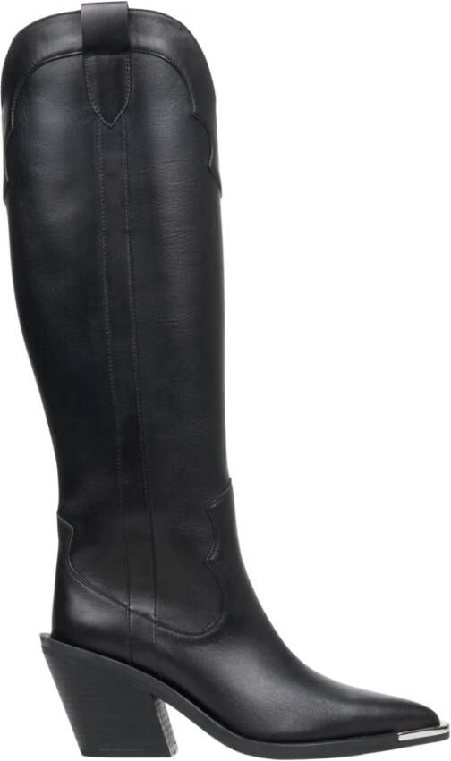 Estro Luxe Zwarte Leren Cowboy Laarzen Black Dames