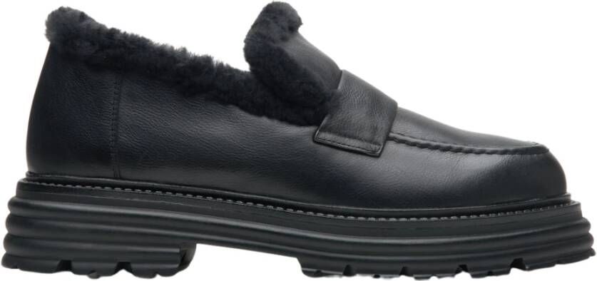 Estro Zwarte Dames Loafers met Bontvoering van Echt Leer voor de Winter Er00114212 Black Dames