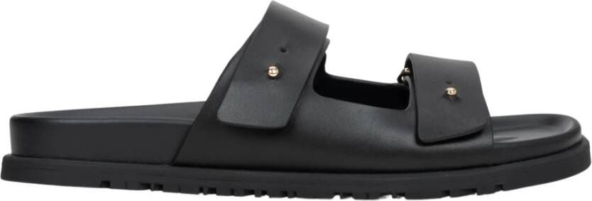 Estro Zwarte leren slippers voor dames met verstelbare dikke banden Er00114725 Black Dames