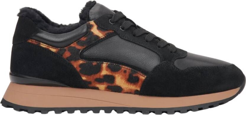 Estro Zwarte leren sneakers voor dames voor de winter met bontvoering Black Dames