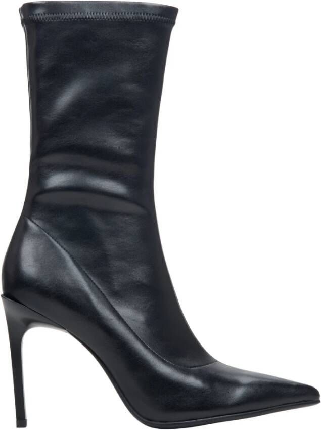 Estro Zwarte Leren Stiletto Enkellaarzen met Elastisch Bovenwerk Er00113949 Black Dames