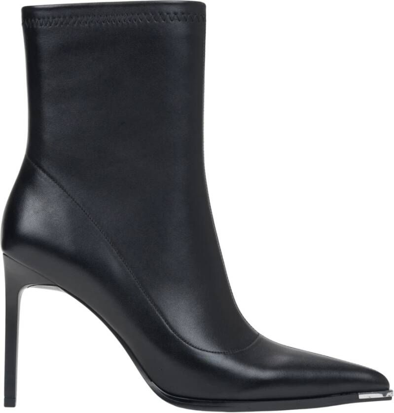 Estro Zwarte Leren Stiletto Enkellaarzen met Elastische Schacht Black Dames