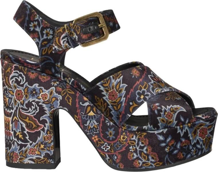 ETRO Zwarte Velvet Plateau Sandalen met Bloemenprint Multicolor Dames