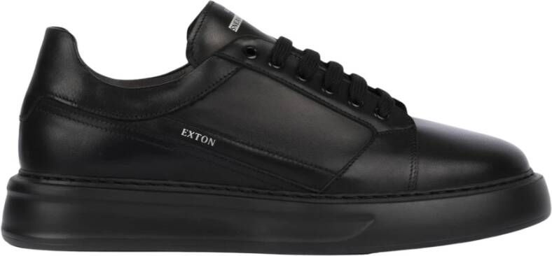 Exton Zwarte Leren Lage Sneakers Black Heren