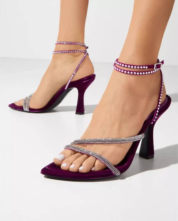 3Juin Paarse Fluwelen Stiletto Sandalen met Kristalversieringen Purple Dames