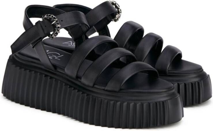 AGL Zwarte Platte Leren Sandalen Black Dames