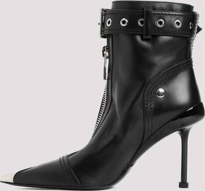 alexander mcqueen Zwarte Leren Enkellaarzen Puntige Neus Black Dames