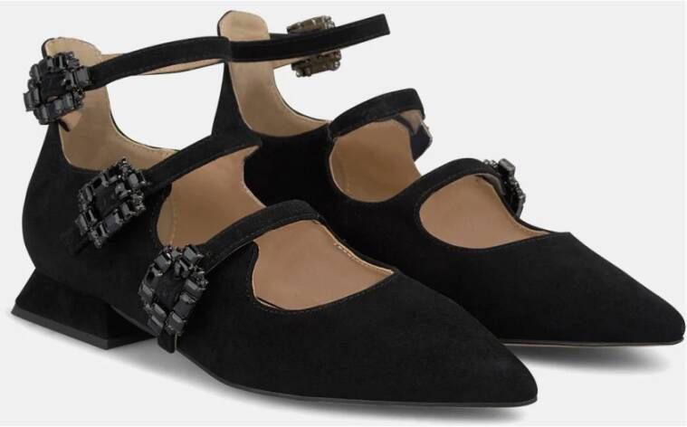 Alma en Pena Drievoudige gesp platte ballerina schoenen Black Dames