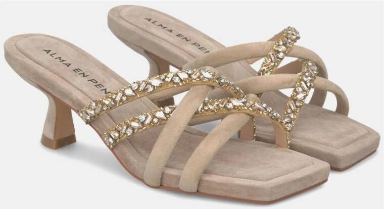 Alma en Pena Kristalband Kitten Heel Sandaal Beige Dames