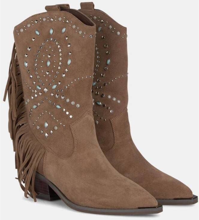 Alma en Pena Platte enkellaarsjes studs en franjes Brown Dames