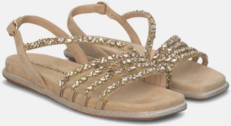 Alma en Pena Rhinestone Cross Strap Flat Sandal Beige Dames