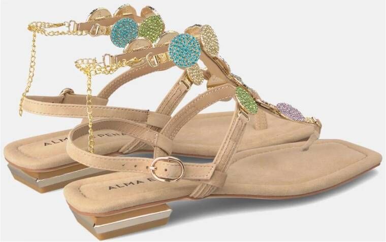 Alma en Pena Rhinestone Enkelband Platte Sandalen Beige Dames