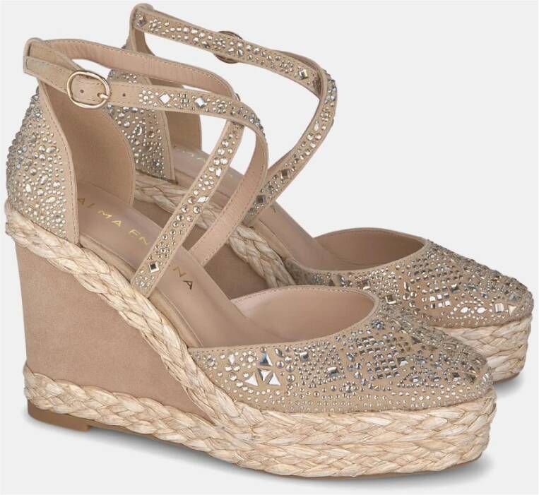 Alma en Pena Rhinestone Sleehak Sandaal Beige Dames