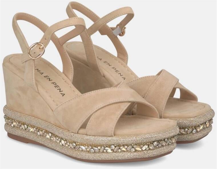 Alma en Pena Rhinestone Sleehak Sandaal Beige Dames