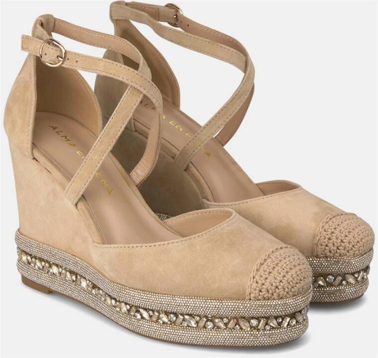 Alma en Pena Rhinestone Sleehak Sandaal Beige Dames