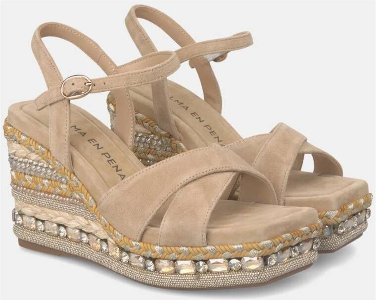 Alma en Pena Rhinestone Sleehak Sandaal met Vlecht Detail Beige Dames