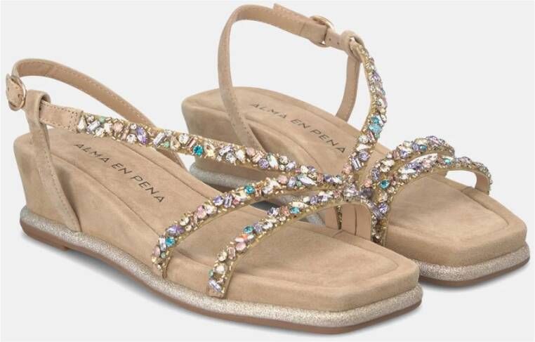 Alma en Pena Rhinestone Sleehak Sandalen Beige Dames