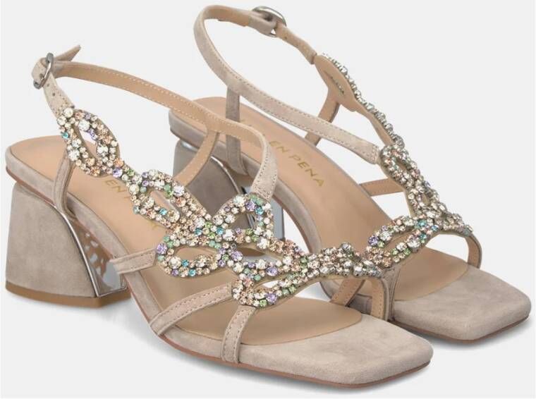 Alma en Pena Rhinestone Square Heel Sandal Beige Dames