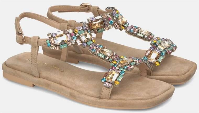 Alma en Pena Rhinestone Square Toe Flat Sandal Beige Dames