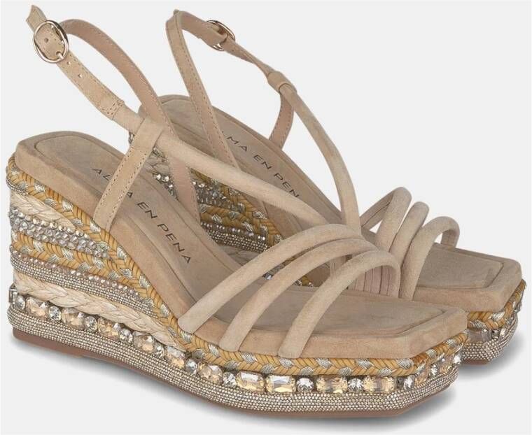 Alma en Pena Rhinestone Wedge Sandal Braided Detail Beige Dames