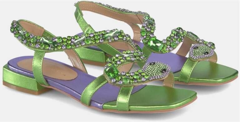 Alma en Pena Slang Strass Platte Sandaal Green Dames