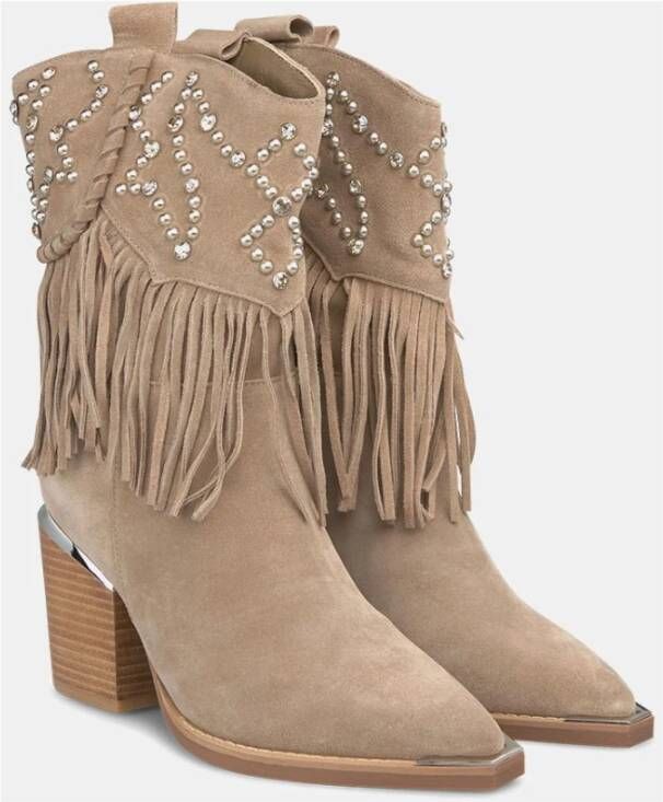 Alma en Pena Studded Fringed Enkellaarzen Beige Dames