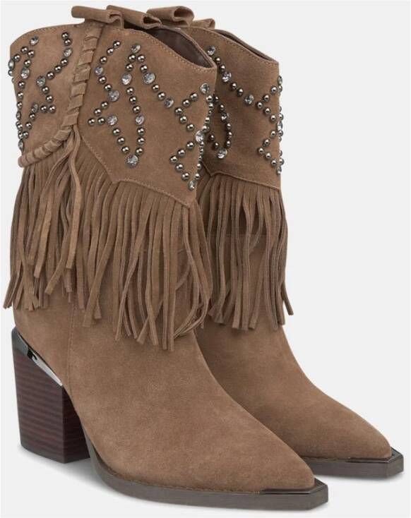 Alma en Pena Studded Fringed Enkellaarzen Brown Dames