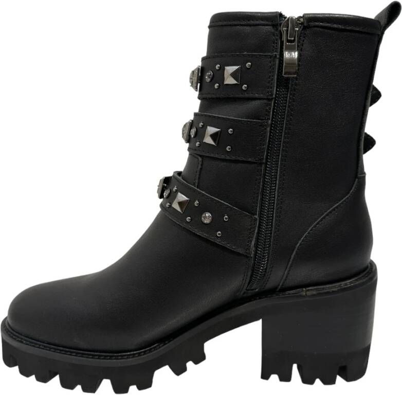 Alma en Pena Zwarte leren enkellaarsjes met gespen en studs Black Dames