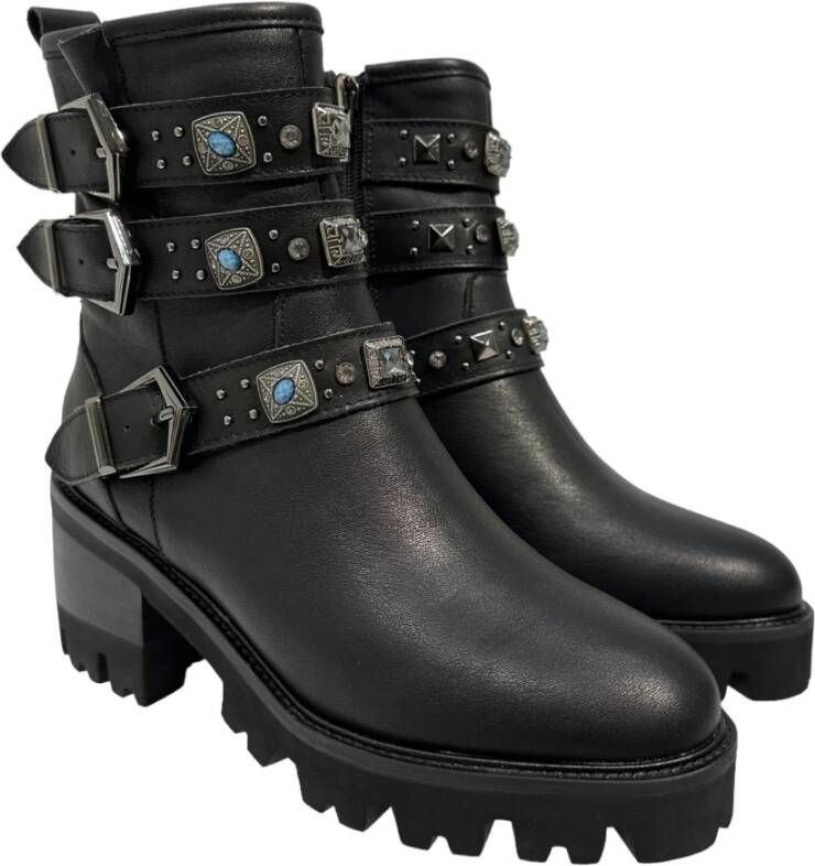 Alma en Pena Zwarte leren enkellaarsjes met gespen en studs Black Dames