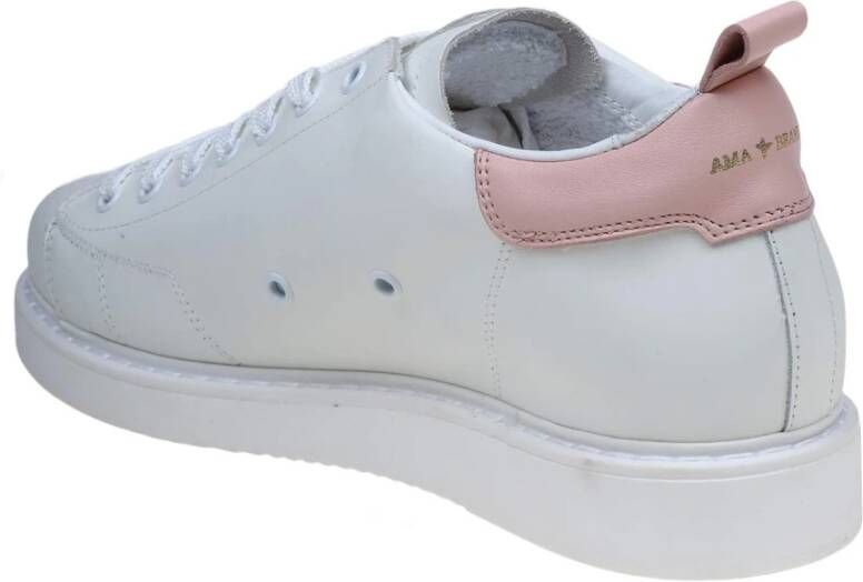 Ama Brand Wit Roze Leren Sneakers Vetersluiting White Heren