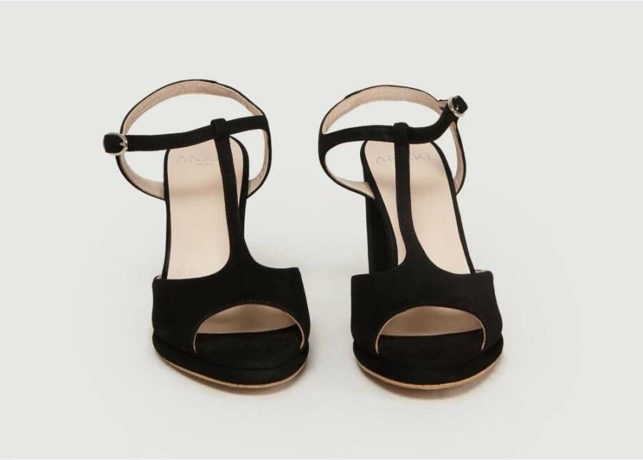 Anaki Zwarte leren T-bar sandalen Black Dames