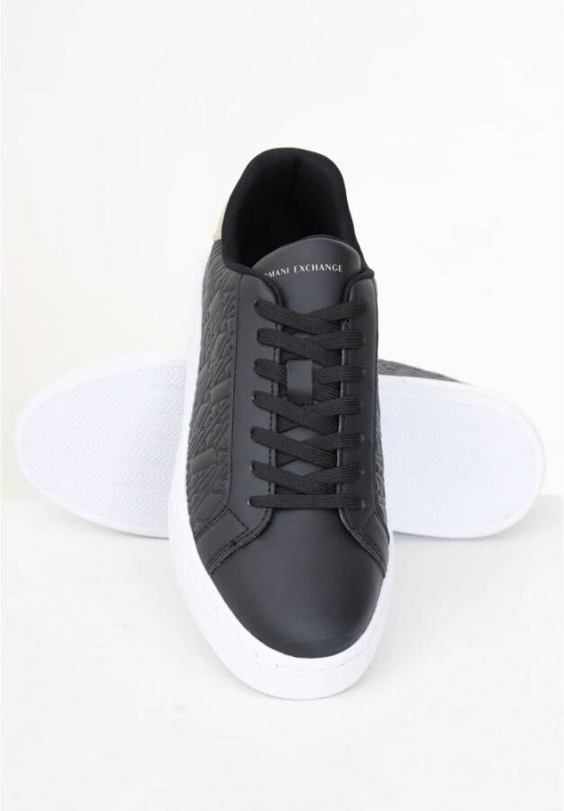 Armani Exchange Zwarte Leren Geometrisch Patroon Sneakers Black Dames