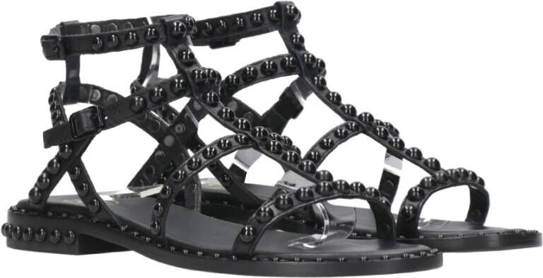 Ash Zwarte Studded Leren Platte Sandalen Zwart Dames