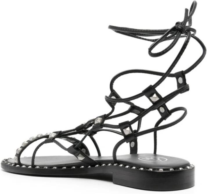 Ash Zwarte leren platte sandalen met bontdetails Zwart Dames