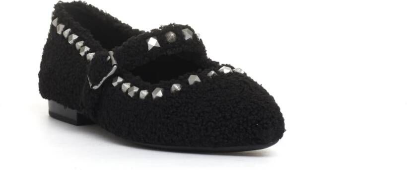 Ash Zwarte Ecofur Ballerina met Bandje en Studs Black Dames