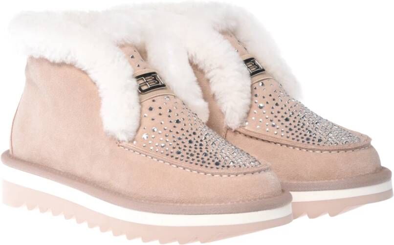 Baldinini Ankle boots in nude suede and sheepskin with rhinestones Pink Dames