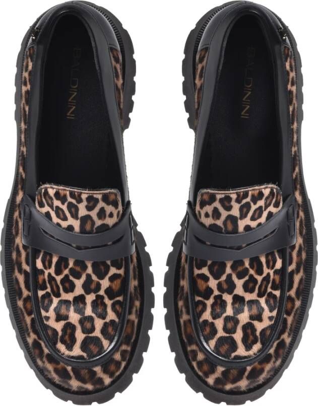 Baldinini Loafers in leopard-print pony skin and black leather Brown Dames