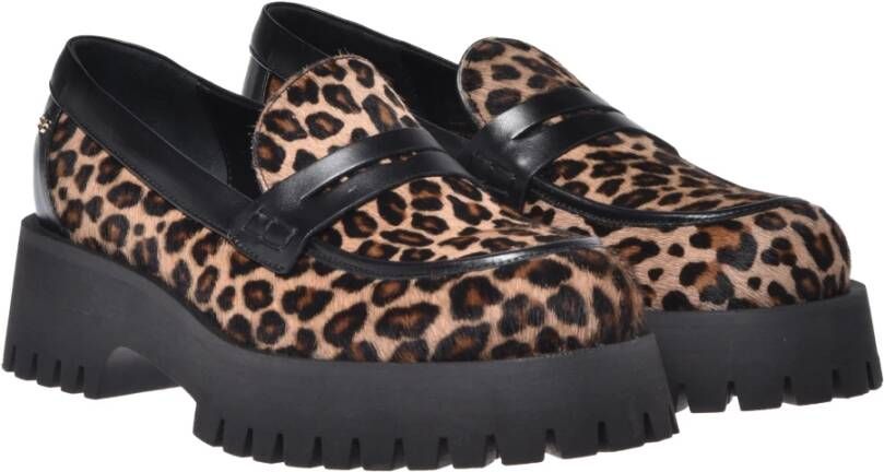 Baldinini Loafers in leopard-print pony skin and black leather Brown Dames