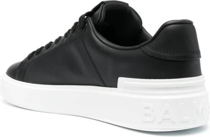 Balmain Zwarte Leren Sneakers Ronde Neus Vetersluiting Black Heren