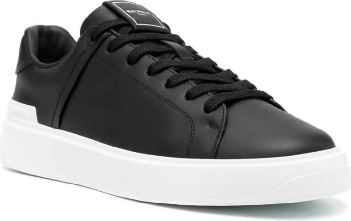 Balmain Zwarte Leren Sneakers Ronde Neus Vetersluiting Black Heren